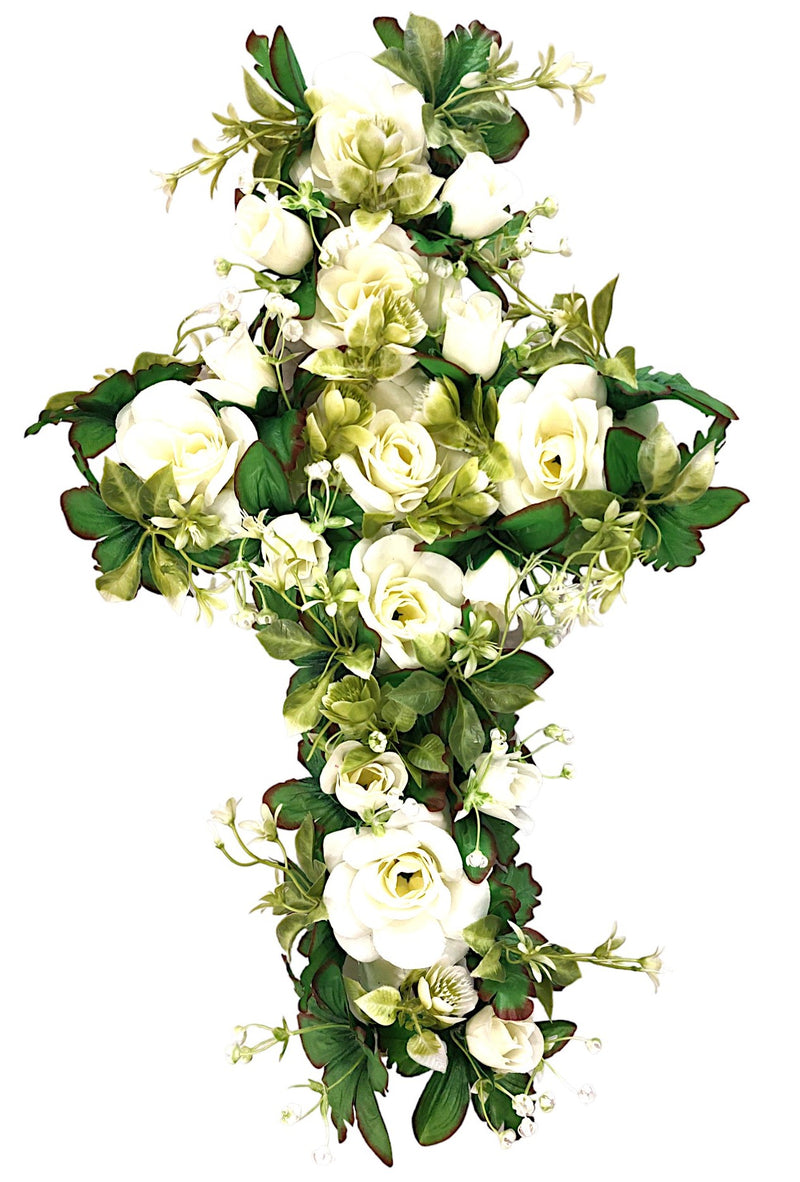 Στεφάνι Σταυρός Τριαντάφυλλο 56cm (ΤΗΙΜ36031) - Λευκό