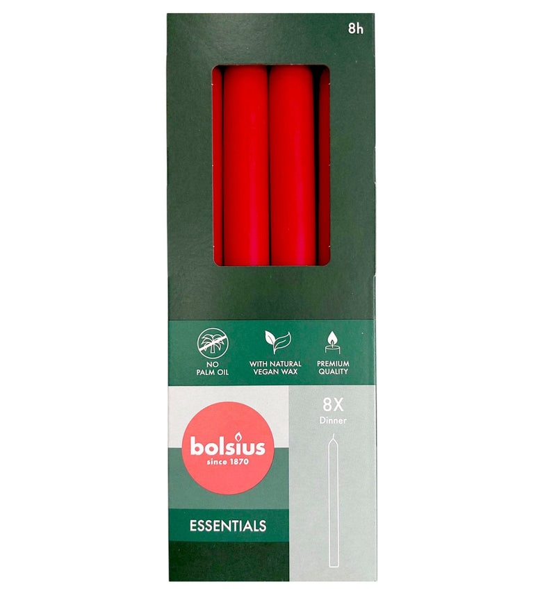 Κεριά  Κηροπηγίου με Φυσικό Vegan Κερί 230/20mm Bolsius 8άδα - Delicate Red