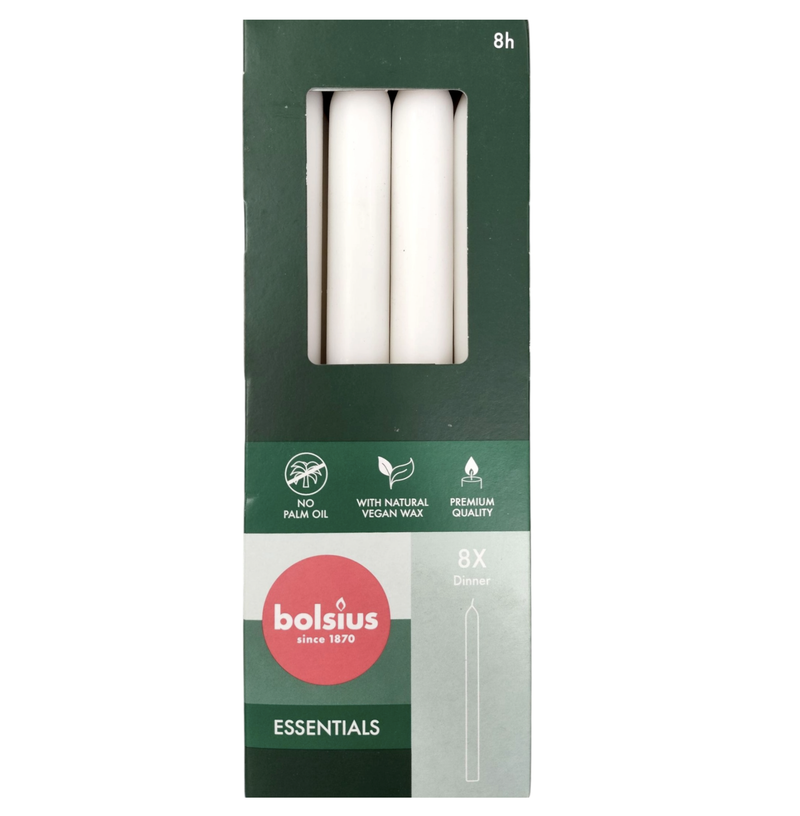 Κεριά  Κηροπηγίου με Φυσικό Vegan Κερί 230/20mm Bolsius 8άδα - Cloudy White