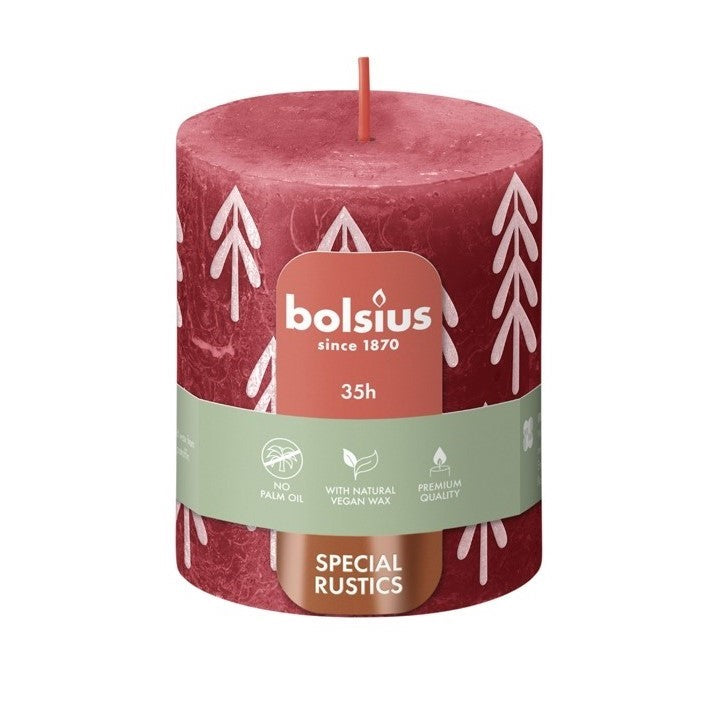 Κερί Κορμός Ρουστίκ Bolsius 80/68mm Silhouette - Delicate Red με Δεντράκια